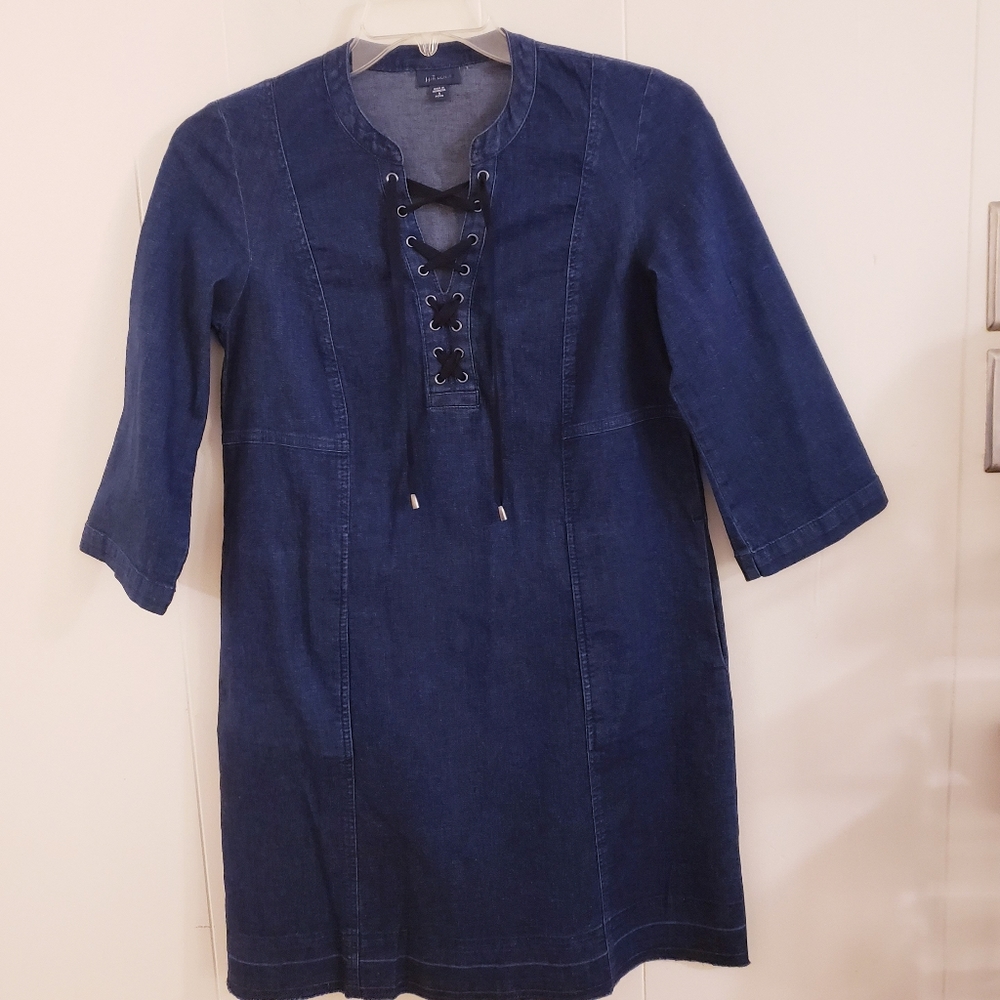 J Jill Denim Dress Size Petite Small Chambray Pullover Lace Up Raw Hem Shift